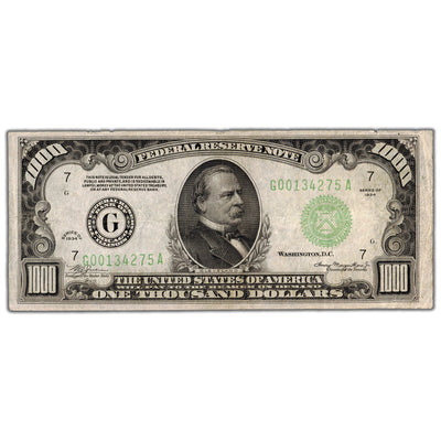 SOLD United States 1934 $1000 Chicago Federal Reserve Note Fr. 2211-G - VF+