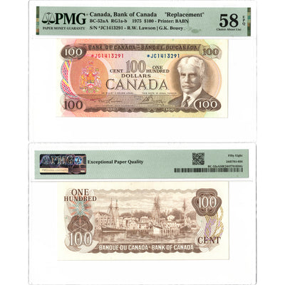 $100 1975 Bank of Canada Note *JC Replacement Prefix BC-52aA - PMG AU-58 EPQ