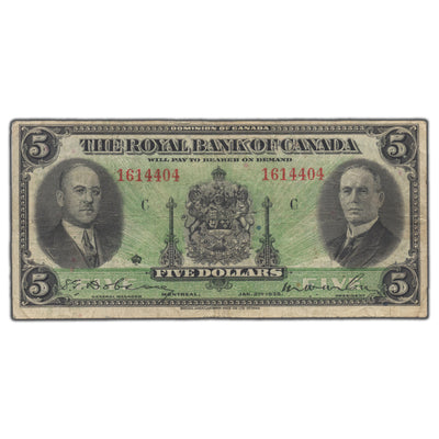 SOLD $5 1935 Royal Bank of Canada Chartered Note #630-18-02a - F/VF