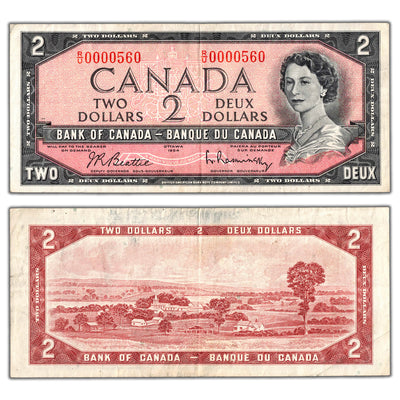 $2 1954 Bank of Canada Note R/U Prefix Low Serial #560 - Circulated