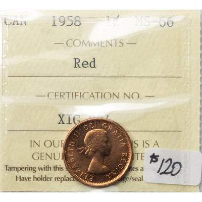 SOLD Canada 1958 1 Small Cent Coin - ICCS MS-66 Red