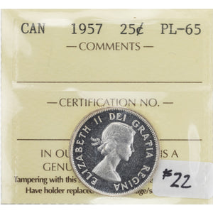 SOLD Canada 1957 25 Cents Quarter Silver Coin - ICCS Proof-Like PL-65