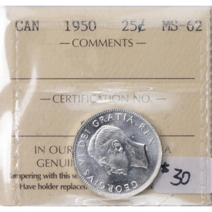 SOLD Canada 1950 25 Cents Quarter Silver Coin - ICCS MS-62