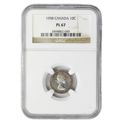 Canada 1958 10 Cents Dime Silver Coin - NGC PL-67