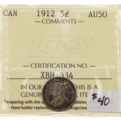 Canada 1912 5 Cents Silver Coin - ICCS AU-50