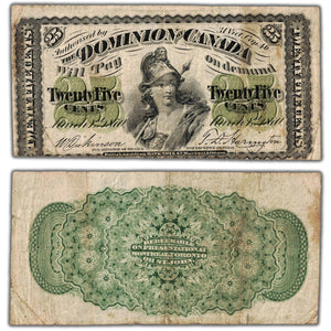 25 Cents 1870 Dominion of Canada Shinplaster Note Plain DC-1c - F/VF