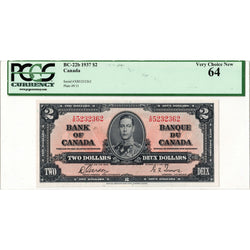 $2 1937 Bank of Canada Note Gordon-Towers X/B Prefix BC-22b - PCGS UNC-64