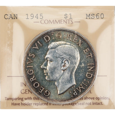 Canada 1945 $1 Silver Dollar Coin - ICCS MS-60