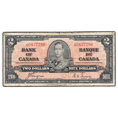 SOLD $2 1937 Bank of Canada Note Coyne-Towers J/R Prefix BC-22c - Edge Tear