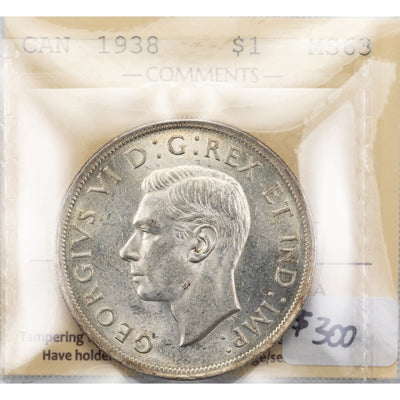 SOLD Canada 1938 $1 Silver Dollar Coin - ICCS MS-63