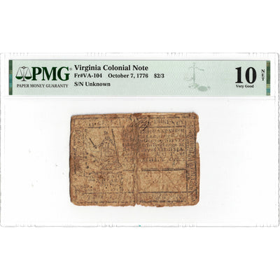 SOLD United States 1776 $2/3 Virginia Colonial Note Fr. VA-104 - PMG VG-10 Net