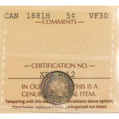 Canada 1881-H 5 Cents Silver Coin - ICCS VF-30