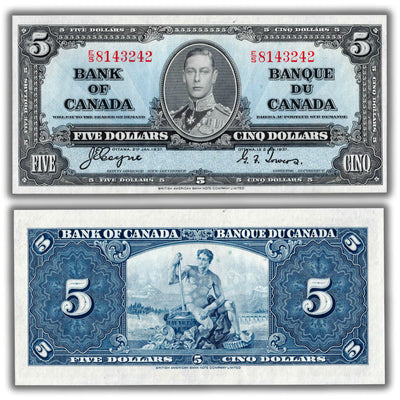 SOLD $5 1937 Bank of Canada Note Coyne-Towers E/S Prefix BC-23c - AU