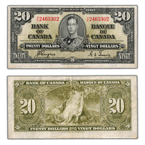 SOLD $20 1937 Bank of Canada Note H/E Changeover Prefix BC #25c - VF (tear)