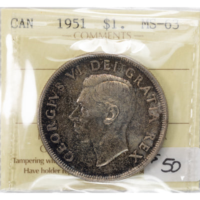 SOLD Canada 1951 $1 Silver Dollar Coin - ICCS MS-63