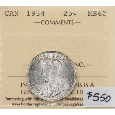 SOLD Canada 1934 25 Cents Quarter Silver Coin - ICCS MS-62