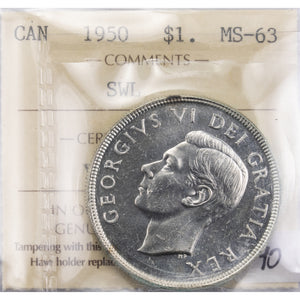 SOLD Canada 1950 SWL $1 Silver Dollar Coin - ICCS MS-63