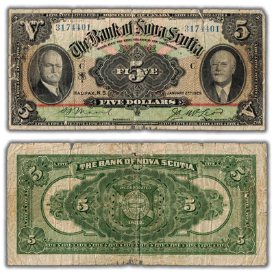SOLD $5 1929 Bank of Nova Scotia Canada Chartered Note CH #550-34-02 - Tears