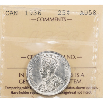 SOLD Canada 1936 25 Cents Quarter Silver Coin - ICCS AU-58