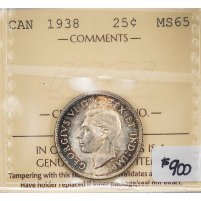 SOLD Canada 1938 25 Cents Quarter Silver Coin - ICCS MS-65