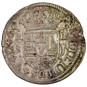 SOLD Spain 1723 Seville Two Reales Silver Coin - Damaged