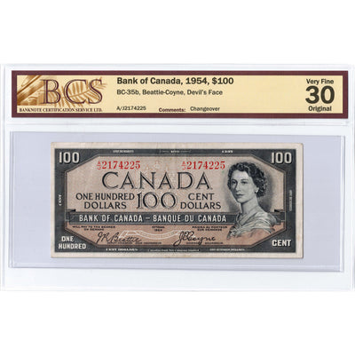 SOLD $100 1954 Bank of Canada Note Devil Face Beattie-Coyne BC-35b - BCS VF-30