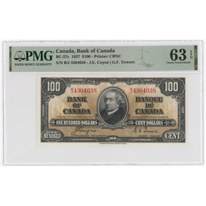SOLD $100 1937 Bank of Canada Note Coyne-Towers B/J Prefix BC-27c - PMG UNC-63 EPQ