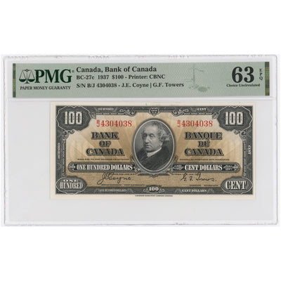 SOLD $100 1937 Bank of Canada Note Coyne-Towers B/J Prefix BC-27c - PMG UNC-63 EPQ