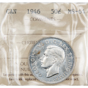 Canada 1946 50 Cents Half Dollar Silver Coin - ICCS MS-64