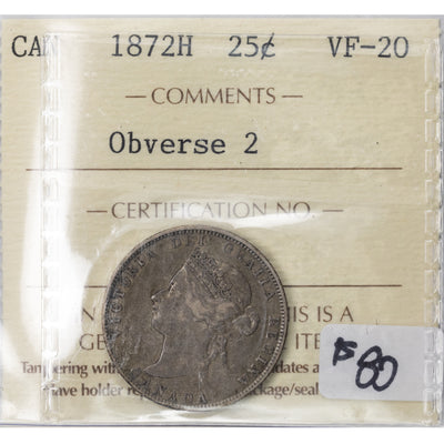 SOLD Canada 1872-H Obv 2 25 Cents Quarter Silver Coin - ICCS VF-30