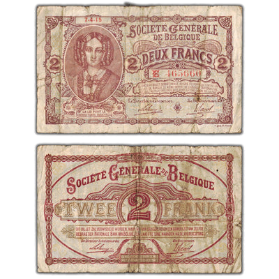 Belgium 1915 2 Two Francs Note P #87 - Tape/Staple Hole