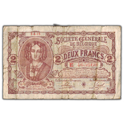 Belgium 1915 2 Two Francs Note P #87 - Tape/Staple Hole