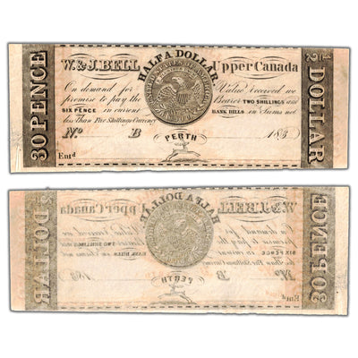 SOLD 30 Pence Half Dollar 1830's W&J Bell Upper Canada Note Remainder