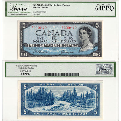 $5 1954 Bank of Canada Note Devil Face E/C Prefix BC-31b - Legacy Ch UNC-64 PPQ