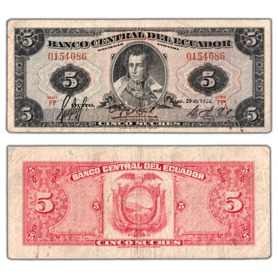 Ecuador 1956 5 Five Sucres Note P #100a - Circulated