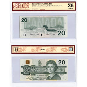 SOLD $20 1991 Bank of Canada Note EVA Prefix no BPN BC-58b-ii - BCS VF-35