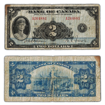 SOLD $2 1935 Bank of Canada Note English Text BC-3 - Edge Stain