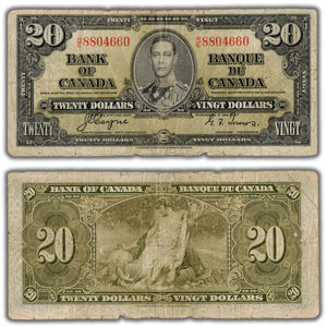 SOLD $20 1937 Bank of Canada Note Coyne-Towers H/E Changeover Prefix BC-25c - Circulated