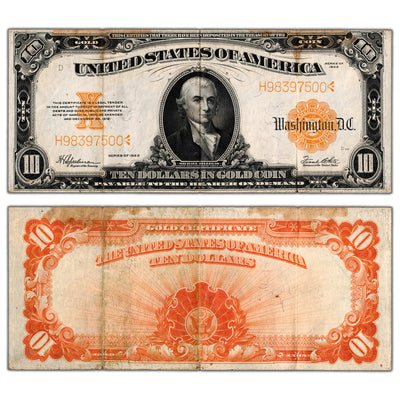 SOLD United States 1922 $10 Ten Dollars Gold Certificate Note - VF+ (stained)