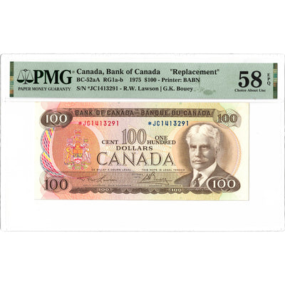 $100 1975 Bank of Canada Note *JC Replacement Prefix BC-52aA - PMG AU-58 EPQ