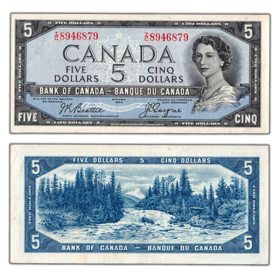 SOLD $5 1954 Bank of Canada Note Devil Face Beattie-Coyne I/C Prefix BC-31b - EF/AU