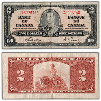 $2 1937 Bank of Canada Note Gordon-Towers T/B Prefix BC-22b - Light Writing