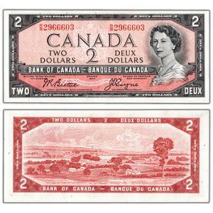 SOLD $2 1954 Bank of Canada Note Beattie-Coyne R/B Prefix BC-38a - EF+