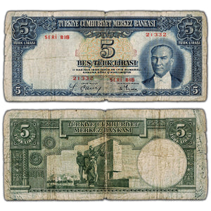 SOLD Turkey ND (1937-9) 5 Five Lirasi Note P #127 - Circulated
