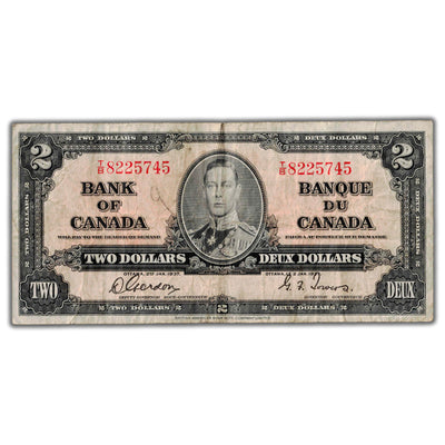 $2 1937 Bank of Canada Note Gordon-Towers T/B Prefix BC-22b - Light Writing