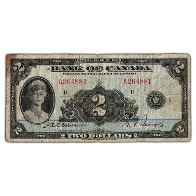 SOLD $2 1935 Bank of Canada Note English Text BC-3 - Edge Stain