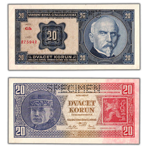 SOLD Czechoslovakia 1926 20 Korun Specimen Note P #21s - UNC