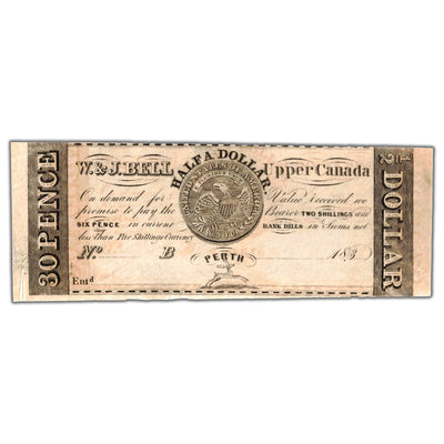 SOLD 30 Pence Half Dollar 1830's W&J Bell Upper Canada Note Remainder