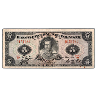 Ecuador 1956 5 Five Sucres Note P #100a - Circulated