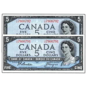 SOLD $5 1954 Bank of Canada Notes T/C Prefix BC-39a-i - 2 Consec UNC